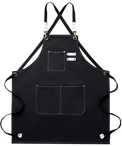 Shunshi Canvas Aprons, Work Aprons for Men Women, Cross-Back Chef Aprons with Adjustable Strap and 3 Pockets, Black Aprons for Shop Garden Restaurant Bar Cafes Kitchen Cooking Baking Painting