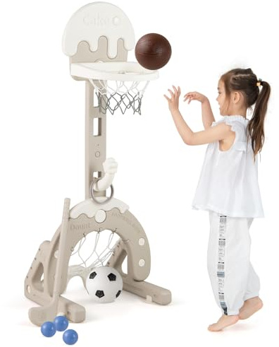 GYMAX Kids Basketball Hoop and Stand, 4 in 1 Height Adjustable Basketball Stand with Football Goal, Golf Set&Ring Toss, Sports Activity Center for 3 Years Old+ (Cake-shaped, 57 x 52 x 125 cm)