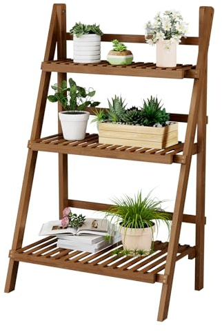 39.4 Bamboo Ladder Shelf Plant Shelf, 3 Tier Foldable Ladder Flower Pot Display Shelf Rack, 23.6W x 15D x 39.4H, Freestanding Bookshelf for Garden, Balcony, Yard, Patio, Lawn, Living Room, Walnut