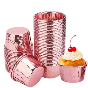 Confezione da 100 mini pirottini da 125 ml, usa e getta, per dessert, budini, muffin, per panetteria, matrimoni, feste di compleanno (oro rosa)