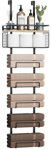 Aetyord Towel Racks for Bathroom Over The Door Towel Racks Towel Storage Organizer with Metal Shelf Basket for Bathroom Rv Camper (7-Tier Black with Wood Plank)