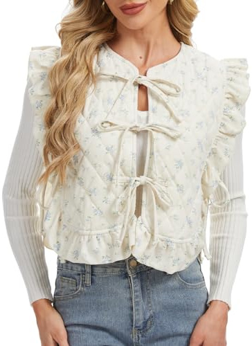 KEOMUD Women's Fall Quilted Puffer Vest Lightweight Sleeveless Floral Print Padded Gilet Outwear with Ruffle Trim Beige Small
