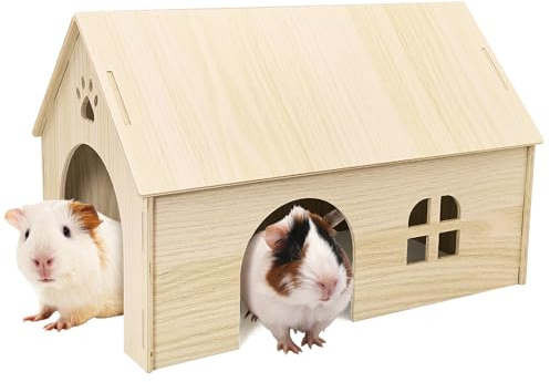 Fhiny Wooden Guinea Pig Hideout, 15.2 x 9.1 x 9.8 inch Large Guinea Pig House with Entrances and Windows Detachable Small Animal House for Bunnies Dwarf Rabbits Chinchillas Hedgehogs to Rest and Hide