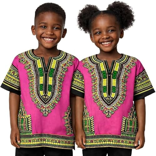 Adalex Global Dashiki African Kids Shirt Traditional Design, Authentic Clothes for Children Ethnic Patterns and African Print Boy Girl (UK, Age, 8 Years, 10 Years, Regular, Pink Green)