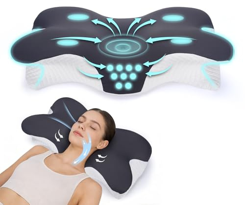 Gokemuak Almohada Cervicales y Cuello, 60x33x10/17cm Almohada Ortopedica, 2 en 1 Almohada Ergonómica para Dormir de Lado, Boca Arriba y Boca Abajo (Blanco Grisáceo)