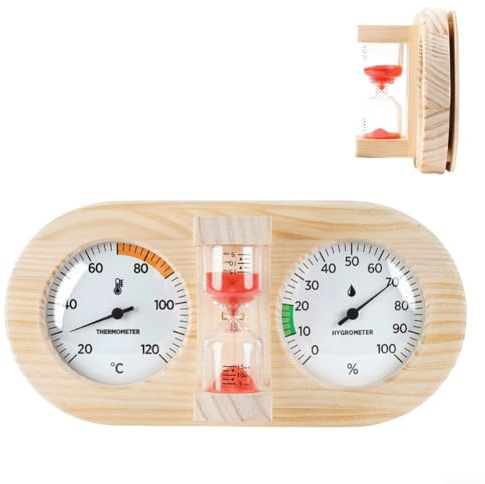Termoigrometro per sauna in legno di pino con timer a clessidra da 15 minuti, misuratore di umidità della temperatura da parete per sala sauna, monitoraggio accurato dell'umidità del calore 20-120 °C
