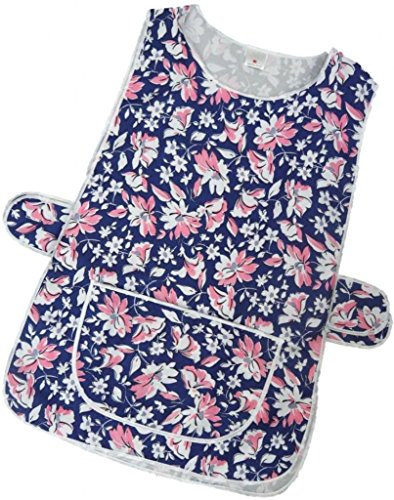 Ladies Floral Home Work Tabard Apron with Single Large Front Pocket, White Piping and Side Fastening Button Tabs