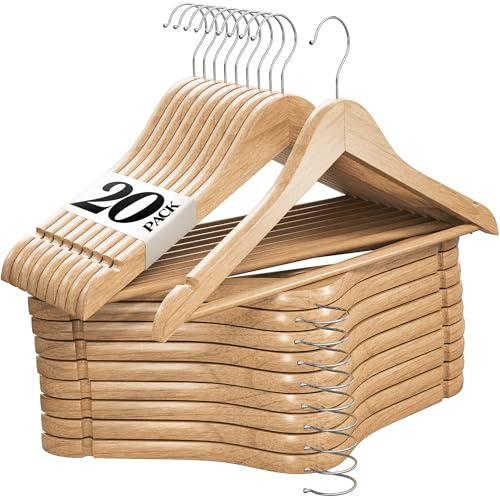 Premium Wooden Hangers 20 Pack - Durable Non Slip Coat Hangers Heavy Duty- Natural Solid Wood Hangers - Clothes Hangers with Chrome Swivel Hooks - Great for Jacket, Dress, Suit Hangers, Home-It