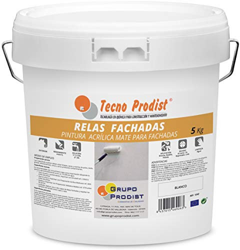 RELAS FACHADAS de Tecno Prodist - 5 Kg (BLANCO) Pintura Impermeabilizante al agua - Durabilidad y resistencia - Blanco Mate - A Rodillo o brocha - Gran cubrición, blancura y rendimiento, no salpica
