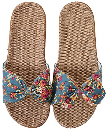 IBLUELOVER Pantoufles Femme Sandales Plage en Lin Chaussons Antidérapantes Tongs Décoration de N½uds Papillons Chaussures Bout Ouvert Respirant Slippers Salle de Bain Piscine Maison Bureau