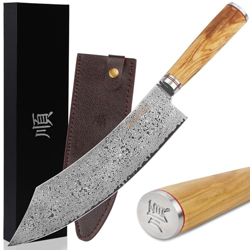 YOUSUNLONG Coltello da macellaio 10 pollici mannaia carne acciaio al carbonio damasco - manico in legno di ulivo italiano con fodero in pelle