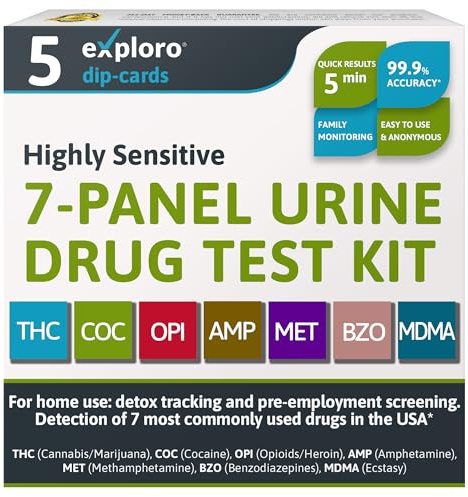 Exploro 7 Panel Drug Test Kit – at Home Urine Drug Test for THC, Cocaine, Opiates, Amphetamines, Benzodiazepines, MDMA & Methamphetamines – Easy & Accurate at Home Drug Testing Strips (Pack of 5)