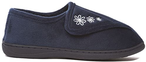 Dr Keller Ladies Orthopaedic Slippers Wide Fit Warm Lined House Shoes with Touch Fastening, Aloha Navy, Size 7