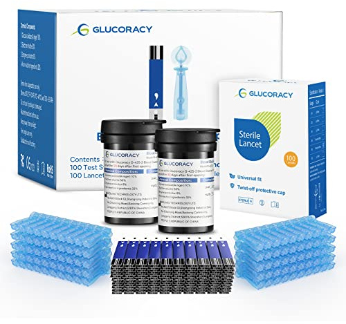 Glucoracy G-425-2 Blood Glucose Test Strips, 100 Counts Test Strips for Diabetes + 100 Counts Blood Lancets, Only for Glucoracy G-425-2 Meter Kit
