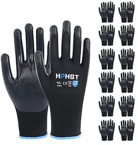 HPHST Lot de 12 paires de gants de travail pour homme et femme avec revêtement en nitrile - Pour le jardinage - Pour écran tactile - Gants de protection pour travaux de montage (noir, taille M)
