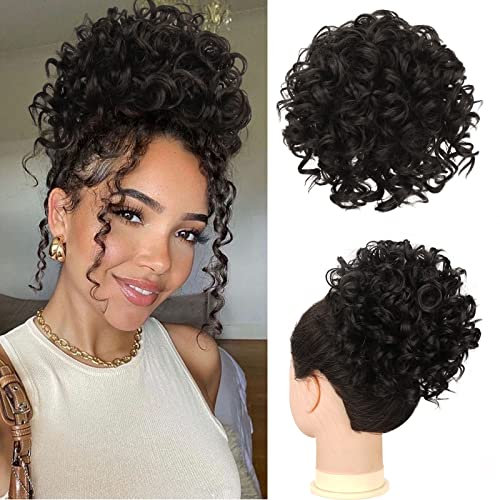 RUWISS Moño Postizo Desordenado Moño Pelo Corto y Rizado Cola de Caballo Extendida Cuerda de Tracción Elástica Moño Postizo Suelto Cabello Rizado para Mujeres Niñas(80g Negro Marrón a negro)