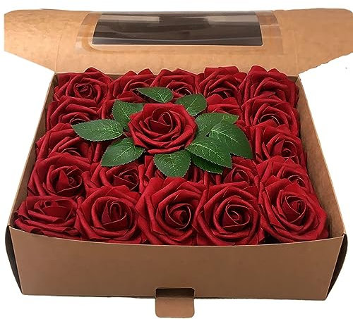 Estanofur State 50 Pièces Roses Artificielles, Faux Rose avec Feuille et Tige Ajustable, Fausses Roses Fleurs Artificielles en Mousse au Toucher Réaliste (50 Pcs Rouge)