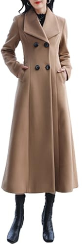 PLAERPENER - Cappotto da donna in lana, doppio petto, lungo, trench invernale, Cammello, 44