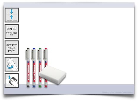 Din B0 Tableau en papier effaçable avec un chiffon humide 100 x 140 cm avec 4 marqueurs et éponge. Possibilité d'écrire des deux côtés pour les affaires, l'école, les familles et autres projets. Verso