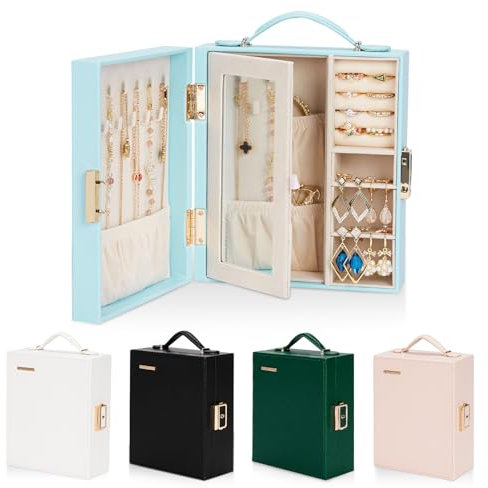 Enthralite Reise-Schmuckkoffer|Reise-Must-Have|Handliche Schmuckschatulle mit Spiegel|PU-Leder Kleiner Schmuckorganizer für Ringe, Ohrringe, Halsketten, Armbänder (Blau)
