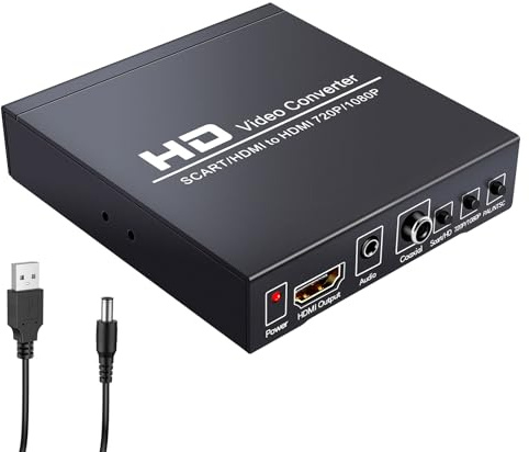 ABUNRO Scart to HDMI Video Converter Box 720P/1080P SCART to HDMI Adapter Switch with PAL/NTSC Video Scaler Scaler 3.5mm Coaxial Audio Output for Game Consoles DVD