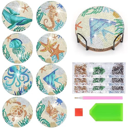 8pcs Diamond Painting Sottobicchieri Mandala Kit Sottobicchieri Fai Da Te 5D Sottobicchieri Assorbenti con Supporto Sottobicchiere Diamond Painting per Tavola Bevande Tazze Vasi (Creature Marine)