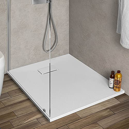 Piatto doccia 70x70 cm bianco effetto pietra in resina, ultra slim con spessore 3 cm, riducibile su misura, AGORA’