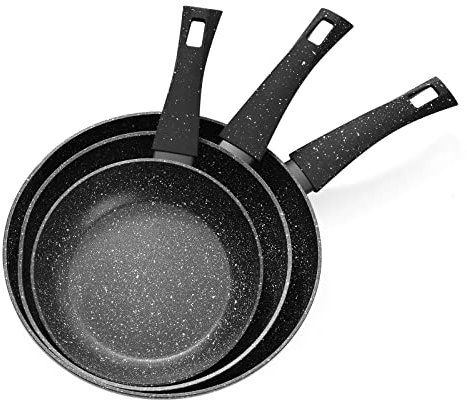 Rainberg 3PK Frying Pan Set Includes 20cm, 24cm & 28cm Granite Frying Pans with Nonstick Coating. They are Anti-Scratch, Nonstick, Stone Frying Pan and Induction Compatible.