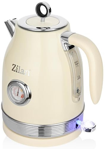 Retro Wasserkocher mit Temperaturanzeige - Vintage Wasserkocher Creme Edelstahl mit Thermometer - 2.200 Watt 1,7 Liter - kabellos BPA Frei Nostalgie Design Teekocher - Wasserstandsanzeige
