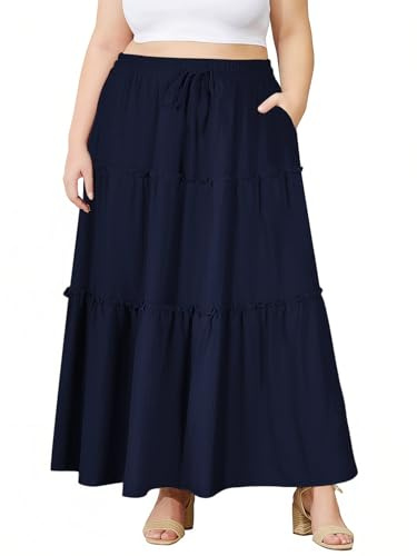 Moon Wood Gonna Lunga Pieghettata Donna Taglie Forti Gonna Estiva Svasata Vita Alta Elastica A-Linea con Tasche Casual Elegante Blu Navy 5XL