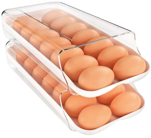 theaoo Automatic Rolling Egg Container for Refrigerator, Clear Plastic Egg Dispenser, Stackable Eggs Organizer with Quick Removable inner Tray, 2 Pack