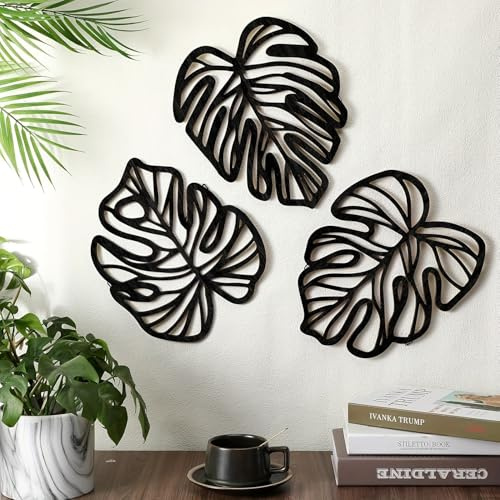 Palm Leaves Wood Wall Decor, 3Pcs Tropical Wall Art Jungle Decor, Wooden Natural Leaves Plant Wall Decor, Vintage Tropical Plant Plaque for Home Living Room Kitchen Bedroom Bathroom & Garden, Black