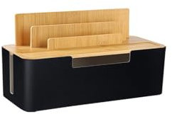 BUYSK Boîte de Gestion des câbles avec Couvercle en Bois, Rangement Multi-appareils pour téléphones/tablettes/smartwatches, Rangement des câbles sur Le Bureau pour Un Espace de Travail ordonné (Noir)