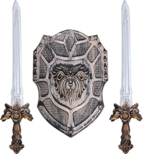 Twin Toy Sword with Shield Battle Pack Set - Children's Medieval Knight Costume Fancy Halloween Dress, Sword Shield Set Role Playing Prop Accessories (2 x Swords & Shield)