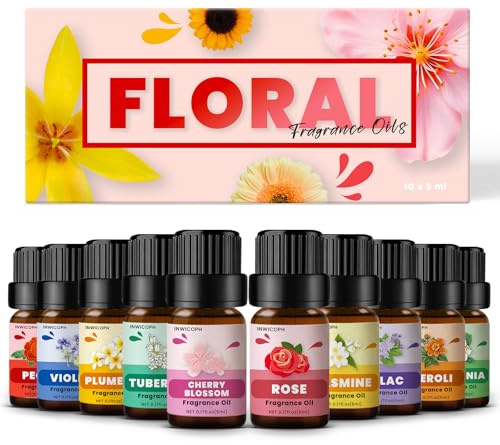 Floral Essential Oils, INWICOPH Flower Fragrance Oil for Candle Making - Rose, Jasmine, Gardenia, Lilac, Plumeria, Peony and More, Aromatherapy Oils for Diffusers for Home