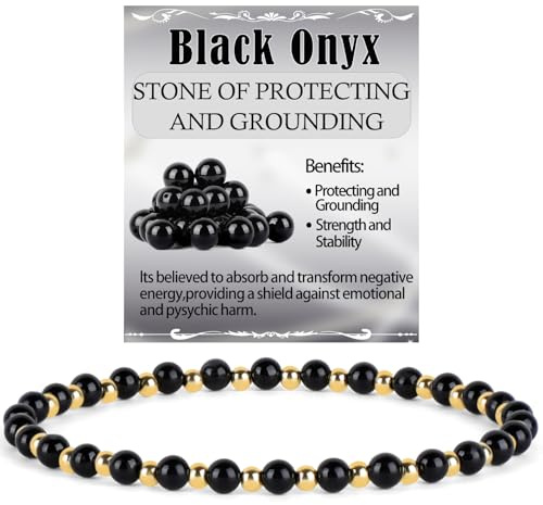 QOGIR Black Onyx - Protecting and Grounding - 14K Gold Plated Beads Natural Gemstone Stretch Elastic Dainty Healing Beaded Bracelets Gifts 4mm