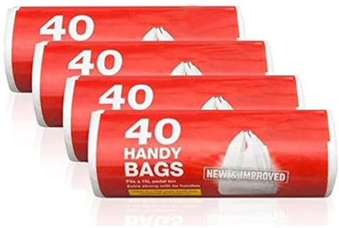 KAV Handy Bin Bags – 160 Extra Strong Tie Handle Bags (4 x 40 Pack) – Fits 15L Pedal Bins – Food Safe Plastic Carrier Bags for Kitchen, Home & Office Use