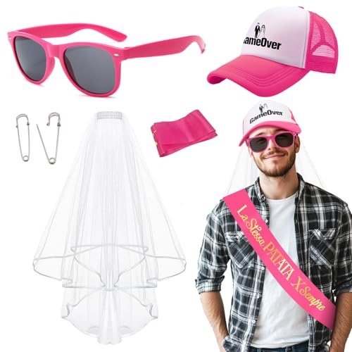 VEGCOO 4 Pezzi Addio al Celibato Gadget, Addio al Celibato Sposo, Gadget Addio al Celibato Uomo con Cappello Velo Occhiali Accessori Per Festa Matrimonio Nozze Fidanzamento