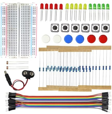 TECNOULAB 1 Set Electronic Starter Device with Breadboard, LED, Jumper Cables and Pushbutton, Practice Kit for Basic Circuits