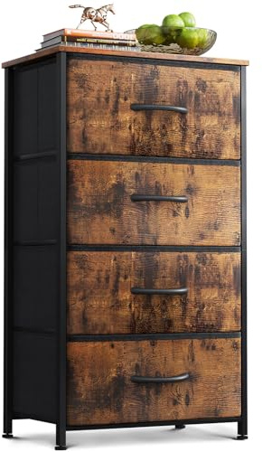 Coleshome Schmale Kommode mit Schubladen, mit 4 Schubladen, Kleine Kommode mit Stoffschublade, Stabiler Stahlrahmen, Holzplatte, Geeignet für Schlafzimmer und Wohnzimmer, Retro