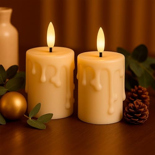 Ideen mit Herz Lot de 2 bougies LED avec revêtement en cire véritable - Crème - Noël - Blanc chaud - Effet flamme réaliste - Fonction minuterie - Fonctionne avec piles (avec gouttes de cire)