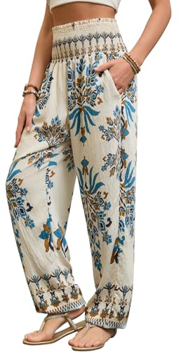 QIANXIZHAN Women's Harem Pants, Hippie Boho Pants High Waist Flowy Yoga Pants with Pockets Blue Brown Bloom S