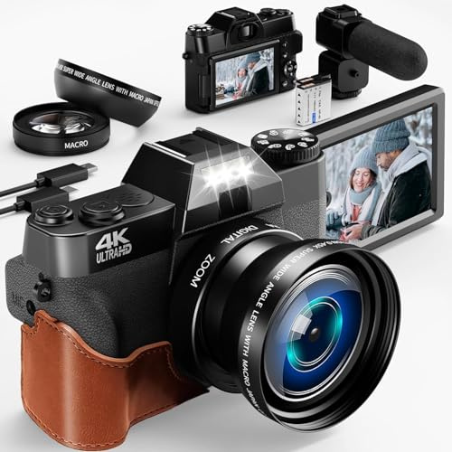 Hojocojo Digital Camera Camcorder, 56MP Digitalkamera, Fotokamera mit 180° Flip 3.0 Bildschirm, mit Weitwinkel+Macro Linse, 32G TF Karte 3.0 Kompaktkamera 180° Flip Bildschirm