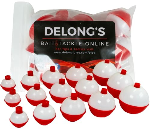 DeLong Lures Red and White Snap-On Fishing Bobbers – 15 Pack, 5 Sizes for Panfish, Bass, Trout, and Kids