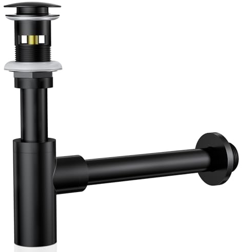 Sifone di design con valvola pop up, Sifone Lavabo Bagno Nero Opaco con Troppopieno, Sifone in ottone da 1 1/4 pollici, Sifone Lavabo Nero Opaco Bagno, con Apertura di Pulizia