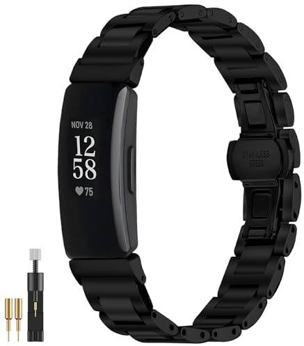 NINKI Metallrem kompatibel med Fitbit Inspire 2 lyxigt metalliskt länkarmband med justerbart spänne, uppfällbart rostfritt stål ersättningsarmband för kvinnor män