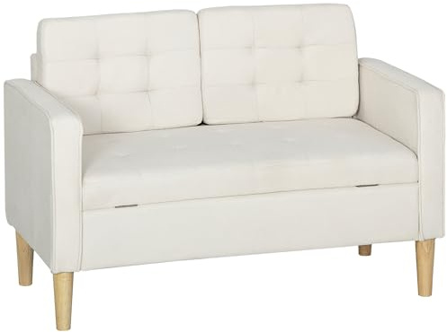 HOMCOM Sofá de 2 Plazas con Espacio de Almacenamiento, Sofá Moderno de Terciopelo con Patas de Madera, Respaldo Capitoné, para Salón, Dormitorio, Oficina, 117x62x78 cm, Crema