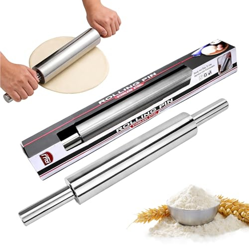 Junhonze Mattarello Acciaio Inox - Mattarello Girevole Con Manico - Accessori Da Forno, Adatto Per Preparare Pizza, Impasti, Biscotti, Pasticcini, Fondente, Pasta (lunghezza 43 cm)
