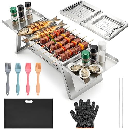 Hopfällbar liten grillkolgrill, portabel minigrill med värmekontroll i 4 nivåer, campingvaror utomhusbordsgrill, grillrökare för picknick Trädgårdsterrassresor