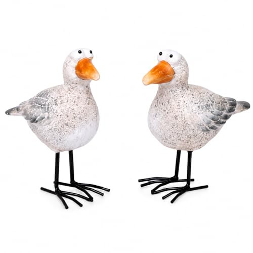 Logbuch-Verlag Juego de 2 figuras de gaviota con patas de metal, 10,2 x 5,2 x 12 cm, de cerámica, color blanco y naranja, decoración marítima de aves marinas, decoración de mesa, baño, casa de playa